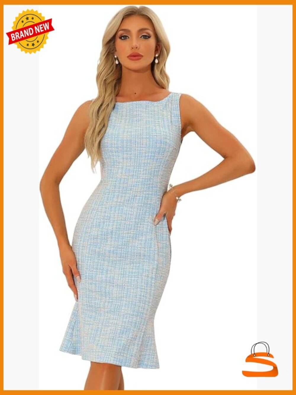 Sleeveless Plaid Bodycon Tweed Dress for Women - Boat Neck